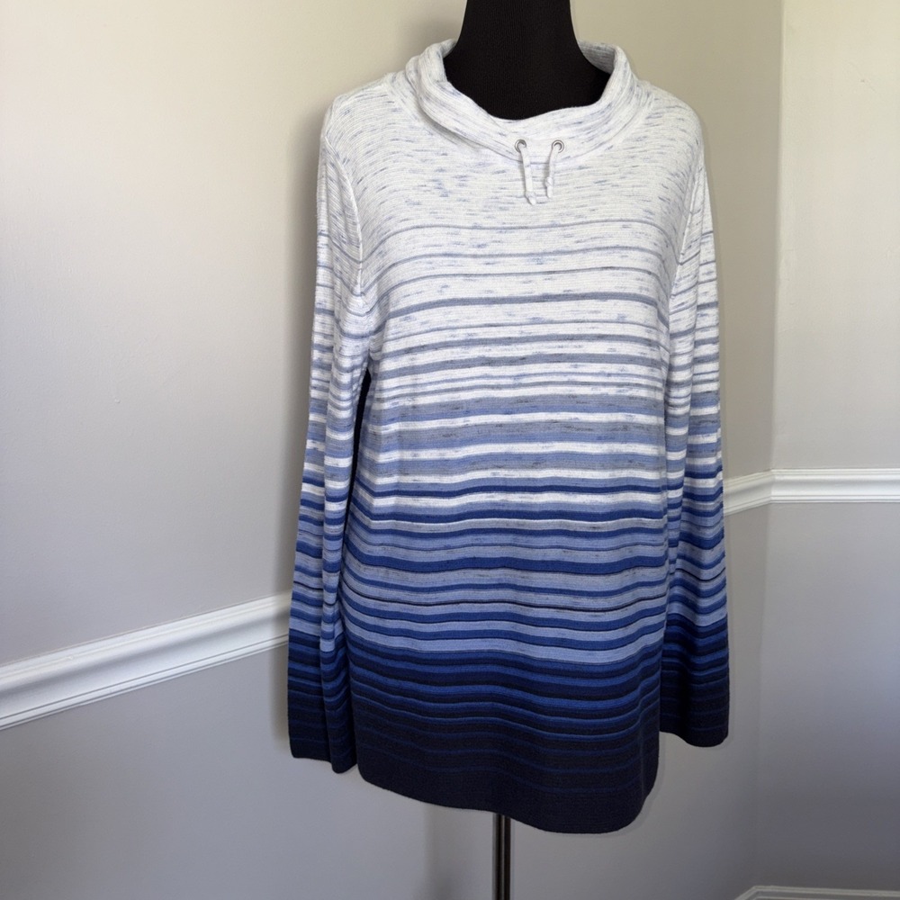 T By Talbots Top Women's XL Blue Ombre Stripe Drawstring Cowlneck Minimalist - Picture 7 of 15
